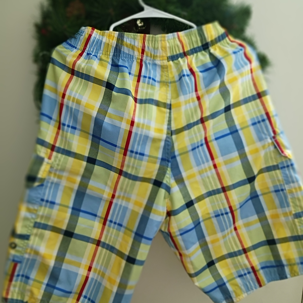 U.S. Polo Assn. Men's Plaid Swim Trunks in Blue, Yellow, and Red